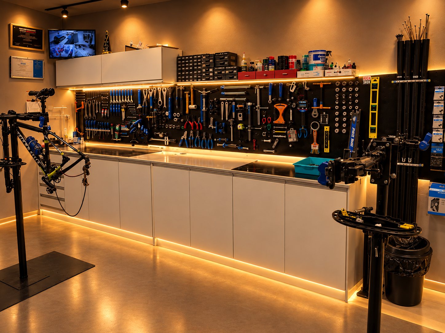 Bancada de ferramentas e cavaletes de manutenção da oficina Merlo Bike Garage